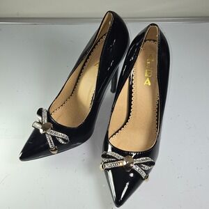 ALBA Women's Black‎ Patent Pointed Toe Stiletto Pumps with Crystal Bow Sz 9